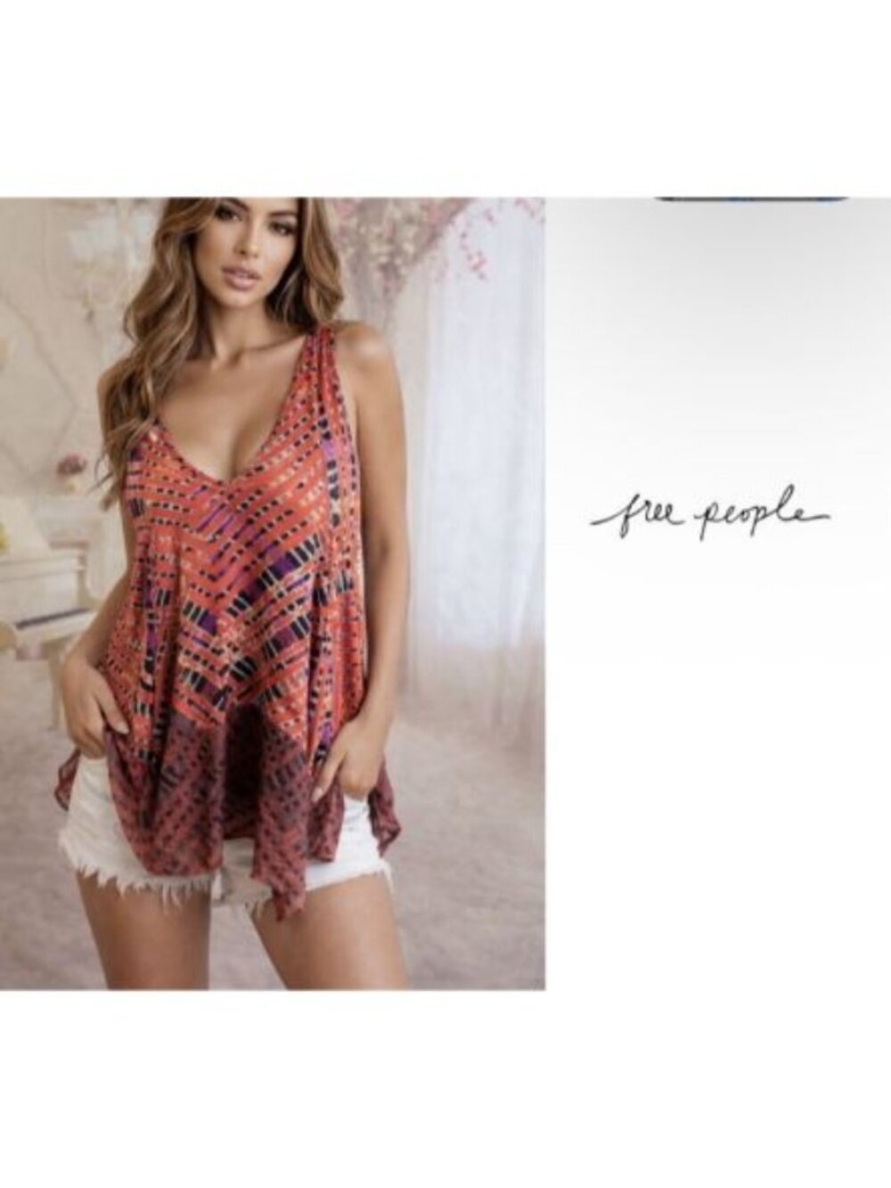 FREE PEOPLE Day Dreamer Handkerchief Knit Top Sz S Boho V Neck Red Purple Trapez